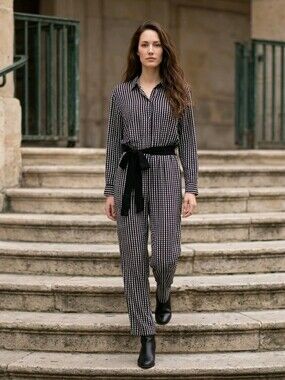Marimekko Woven Black & White Check Long-Sleeve Jumpsuit with Waist Tie Size L
